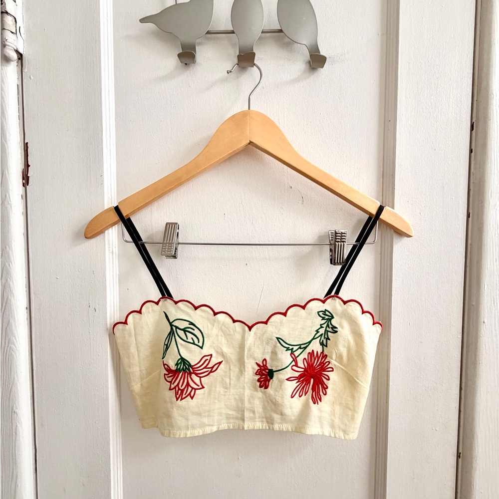 Cider Cream Embroidered Floral Crop Top with Red Detail